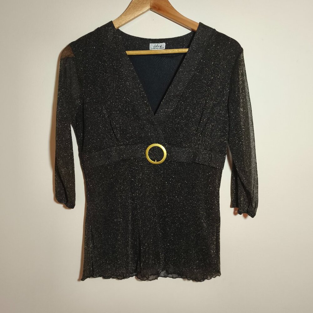 90s y2k CDW Empire Waist Mesh Shimmer Babydoll Top sz M/L Black Gold Disco Glam